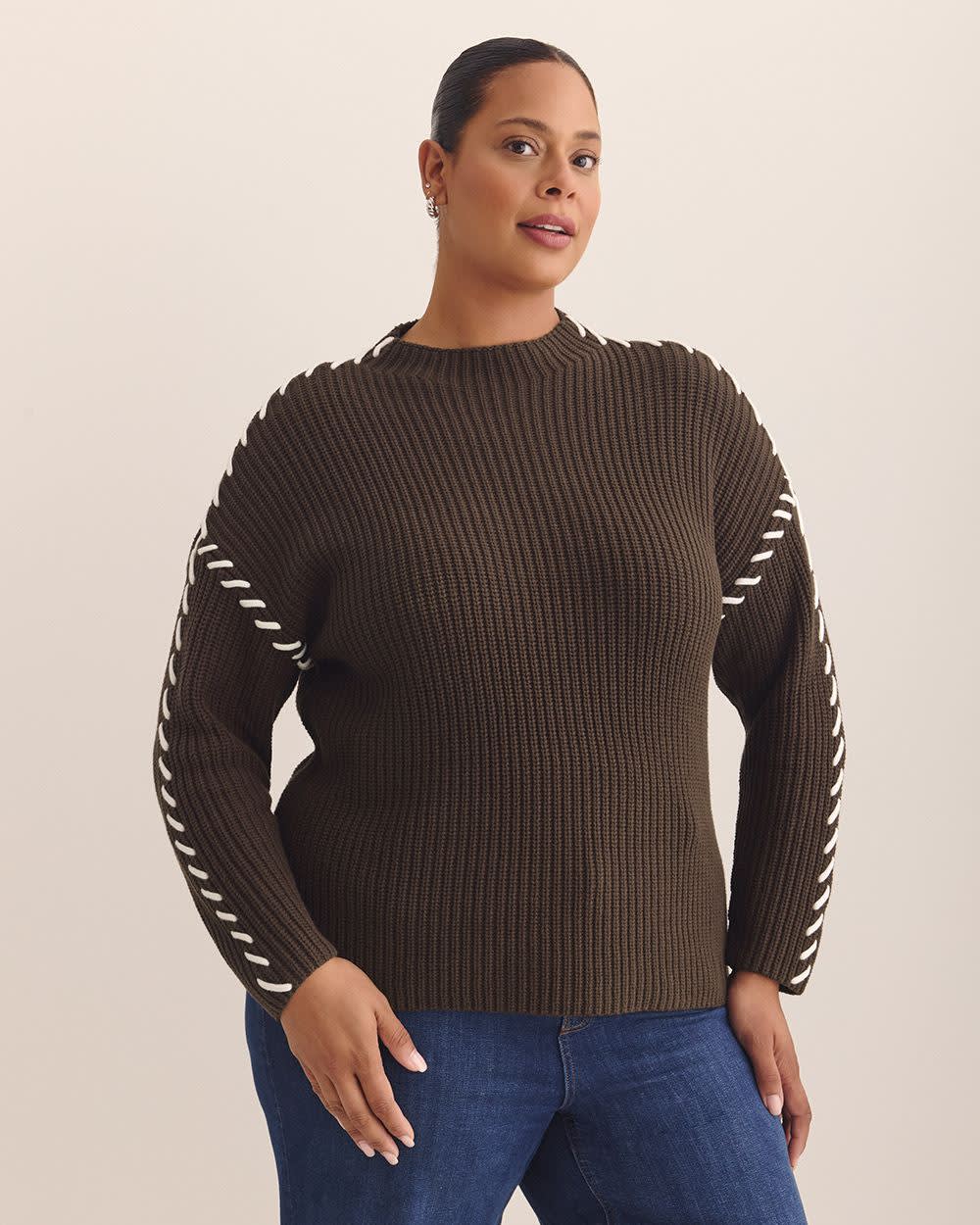 Cotton-Blend Funnel Neck Sweater with Whip Stitch Coffee bean 1 Cotton-Blend Funnel Neck Sweater with Whip Stitch Coffee bean