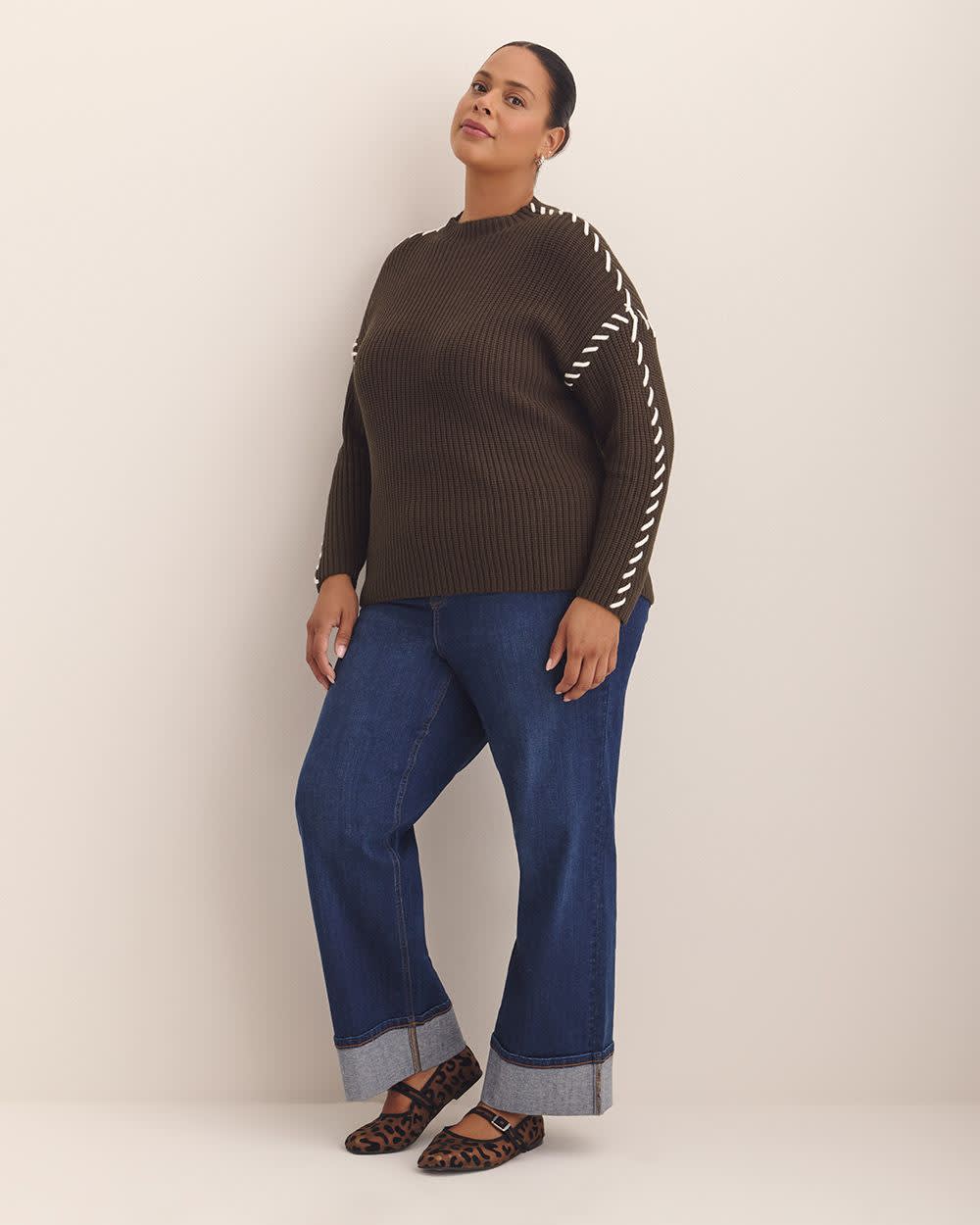 Cotton-Blend Funnel Neck Sweater with Whip Stitch Coffee bean 2 Cotton-Blend Funnel Neck Sweater with Whip Stitch Coffee bean