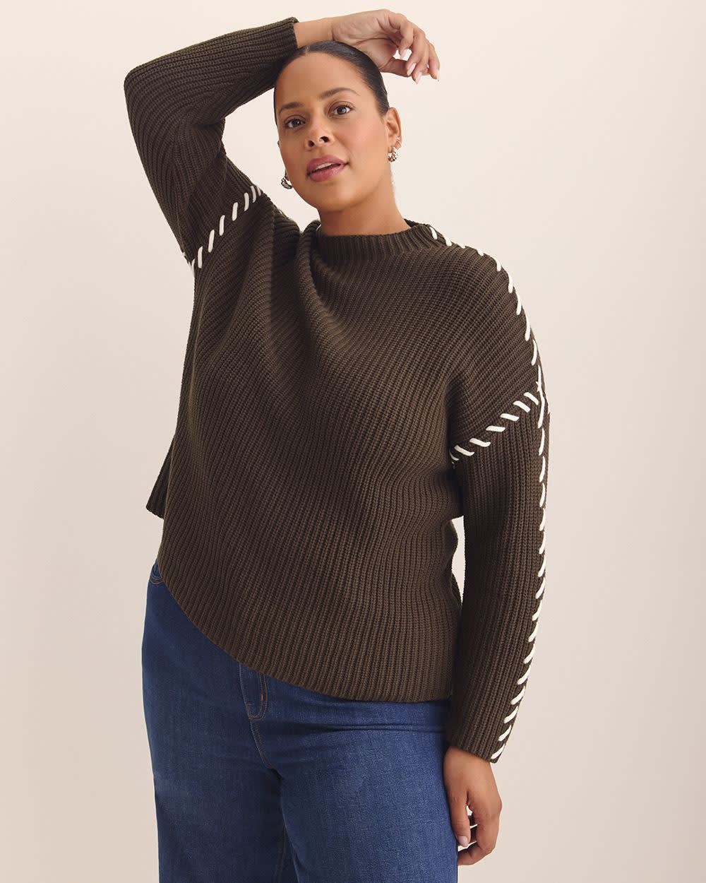 Cotton-Blend Funnel Neck Sweater with Whip Stitch Coffee bean 4 Cotton-Blend Funnel Neck Sweater with Whip Stitch Coffee bean